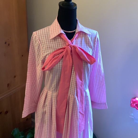 🌹Elegant Maxi Pink & White Long Sleeve Long Shirt Dress with Bow - Picture 5 of 10